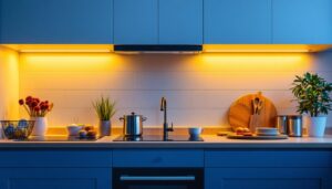 A photograph of a beautifully designed kitchen featuring under-cabinet led lighting