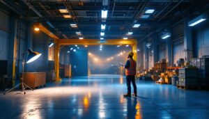 A photograph of a well-lit warehouse interior showcasing various lighting setups