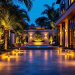 A photograph of a beautifully designed outdoor space illuminated by energy-efficient lighting fixtures