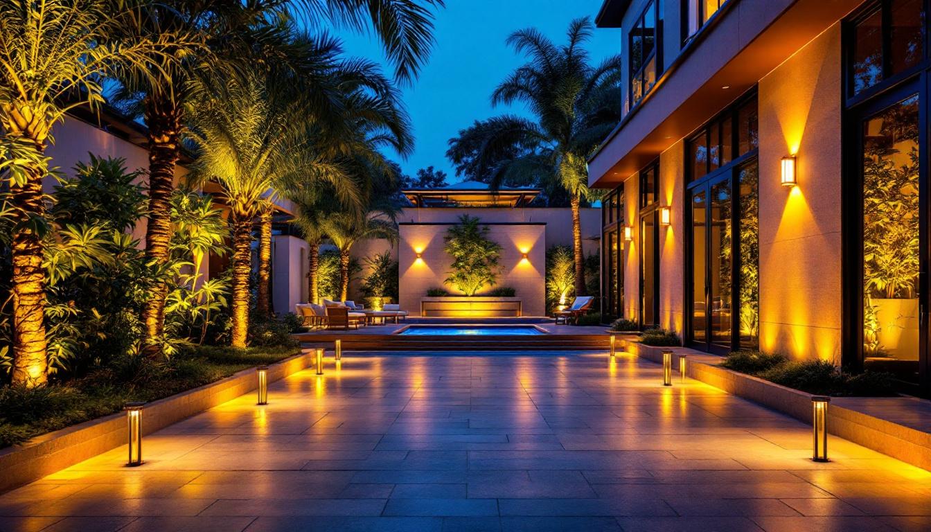 A photograph of a beautifully designed outdoor space illuminated by energy-efficient lighting fixtures