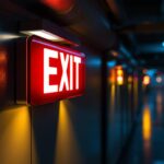 A photograph of a well-lit exit sign in a commercial building