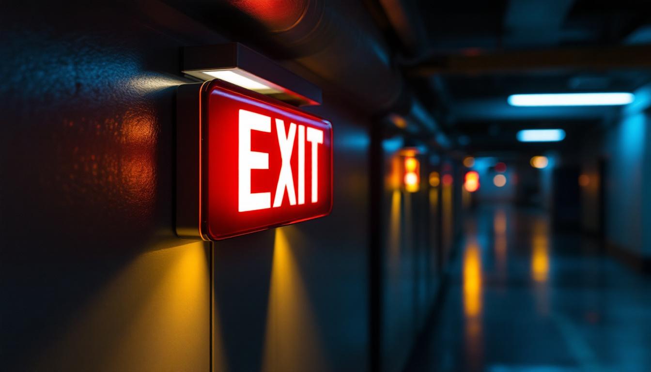 A photograph of a well-lit exit sign in a commercial building