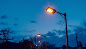 A photograph of a well-lit electric light post at dusk