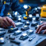 A photograph of a lighting contractor examining a variety of led replacement drivers on a workbench