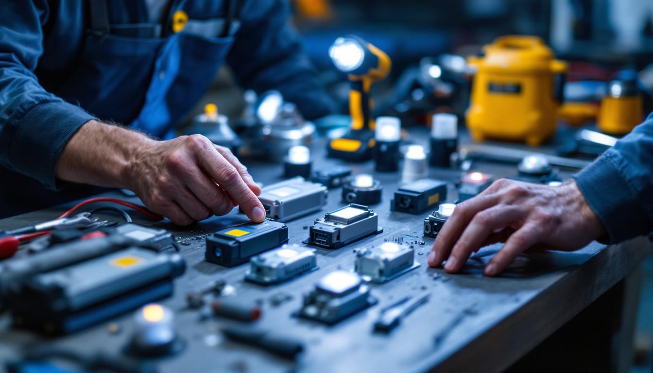 A photograph of a lighting contractor examining a variety of led replacement drivers on a workbench