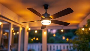 A photograph of a stylish outdoor ceiling fan installed in a beautifully lit patio setting