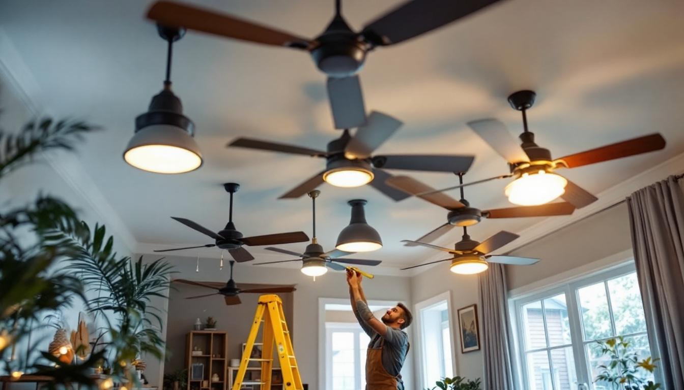A photograph of a lighting contractor measuring different ceiling fan sizes in a well-lit room