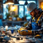 A photograph of a skilled lighting contractor at work