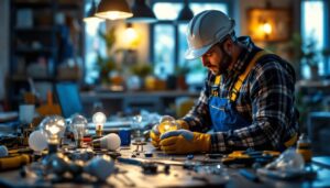 A photograph of a skilled lighting contractor at work