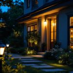 A photograph of a lighting contractor installing elegant landscape lights in a beautifully illuminated outdoor setting