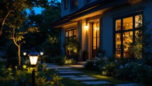 A photograph of a lighting contractor installing elegant landscape lights in a beautifully illuminated outdoor setting