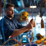A photograph of a skilled electrician or lighting designer in action