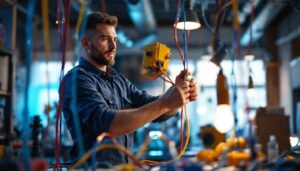 A photograph of a skilled electrician or lighting designer in action