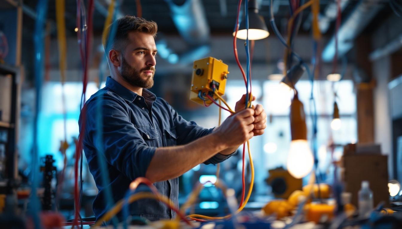 A photograph of a skilled electrician or lighting designer in action