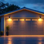 A photograph of a well-lit outdoor garage scene at dusk