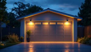 A photograph of a well-lit outdoor garage scene at dusk