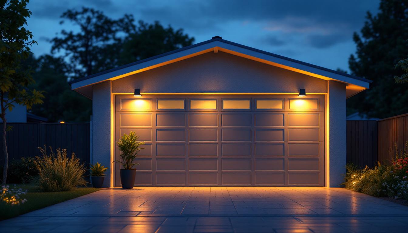 A photograph of a well-lit outdoor garage scene at dusk