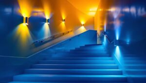 A photograph of a well-lit stairway featuring various lighting options