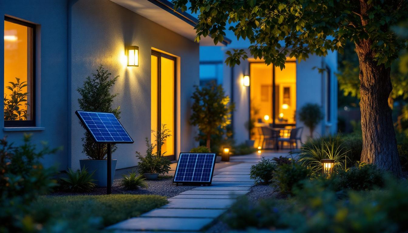 A photograph of a lighting contractor installing solar lights with battery backup in a residential outdoor setting