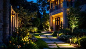 A photograph of a beautifully lit outdoor space featuring various styles of solar accent lights illuminating pathways