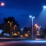 A photograph of a well-lit outdoor scene featuring a variety of post pole lights in use