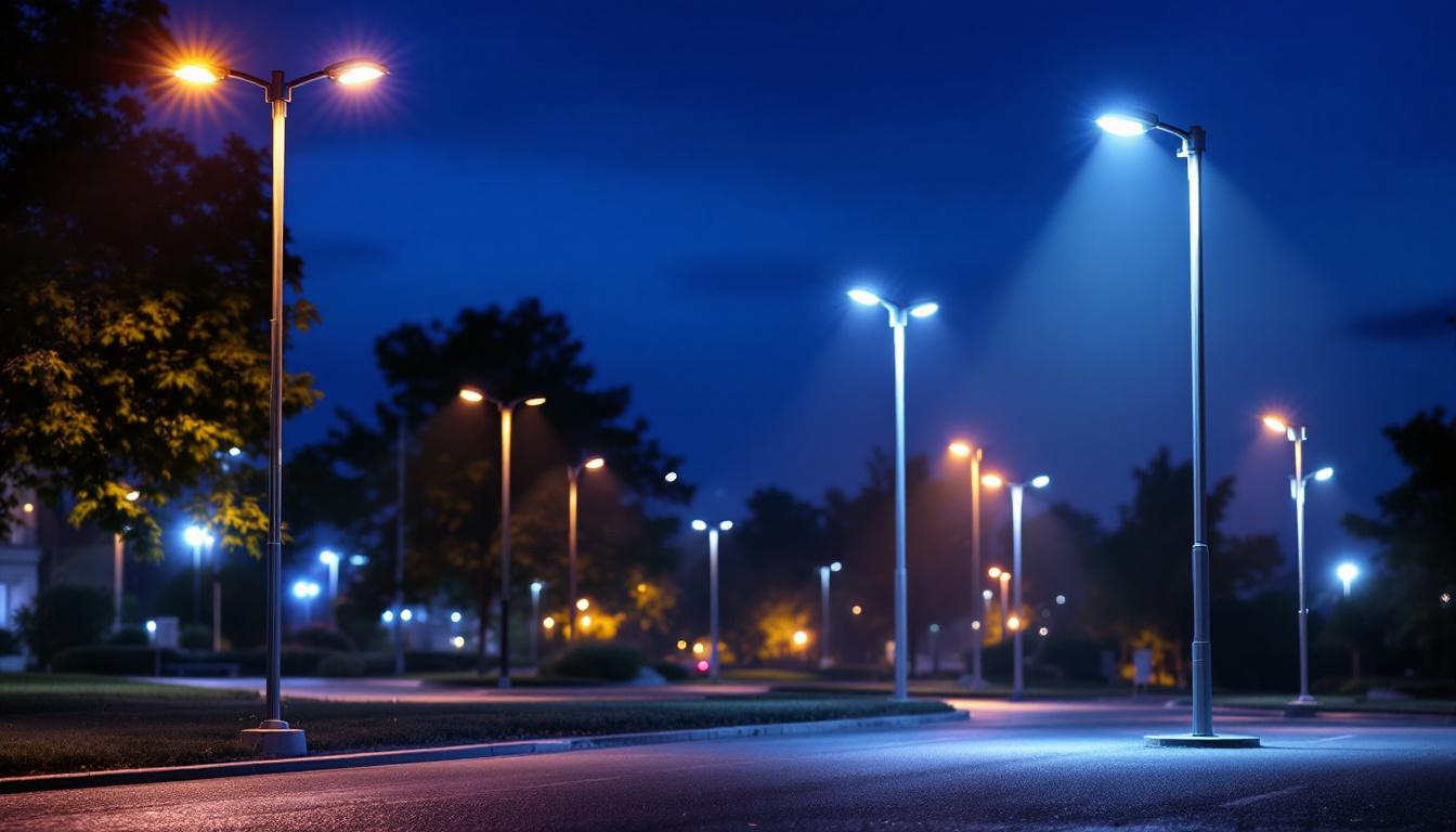 A photograph of a well-lit outdoor scene featuring a variety of post pole lights in use