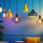 A photograph of a stylish interior space featuring a variety of funky pendant lamps in different designs and colors