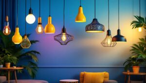 A photograph of a stylish interior space featuring a variety of funky pendant lamps in different designs and colors