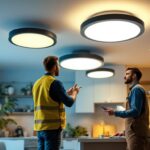 A photograph of a well-lit interior space featuring round led ceiling lights
