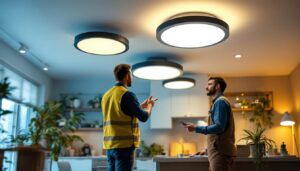 A photograph of a well-lit interior space featuring round led ceiling lights
