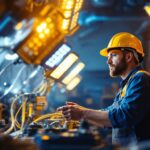 A photograph of a lighting contractor in action