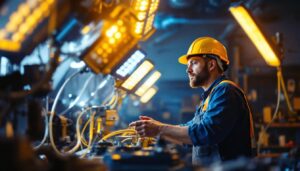 A photograph of a lighting contractor in action