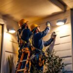 A photograph of a skilled team of electricians installing flush mount exterior lights on a modern home