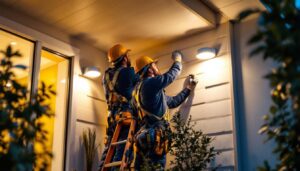 A photograph of a skilled team of electricians installing flush mount exterior lights on a modern home