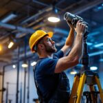 A photograph of a lighting contractor working in a gym setting