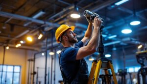 A photograph of a lighting contractor working in a gym setting