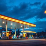 A photograph of a well-lit gas station canopy at dusk