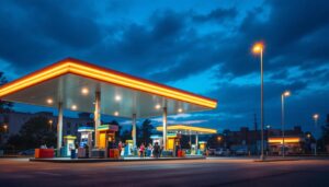 A photograph of a well-lit gas station canopy at dusk