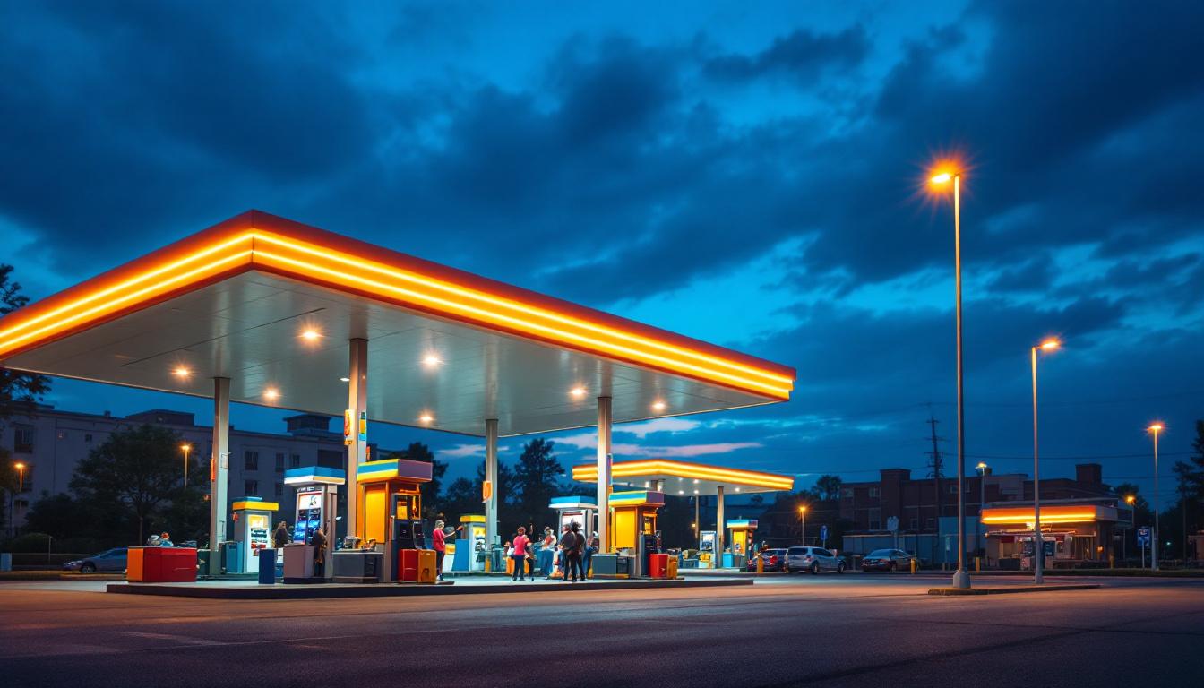 A photograph of a well-lit gas station canopy at dusk