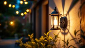 A photograph of a beautifully designed patio wall lamp illuminating an outdoor space