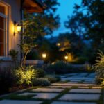A photograph of a lighting contractor installing led solar outdoor lights in a residential garden