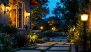 A photograph of a lighting contractor installing led solar outdoor lights in a residential garden