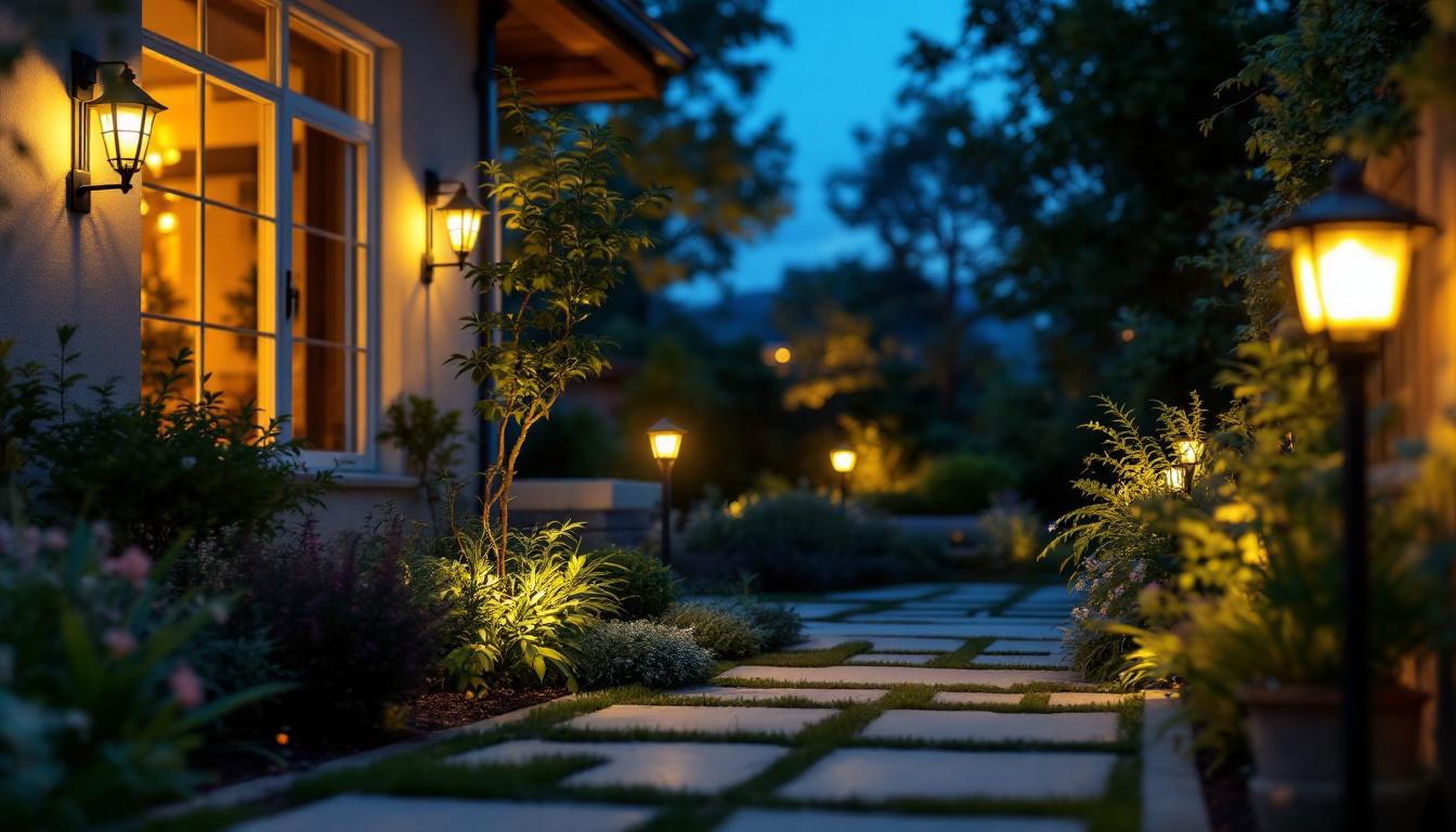 A photograph of a lighting contractor installing led solar outdoor lights in a residential garden