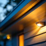 A photograph of a well-lit soffit-mounted security light installed on a home exterior