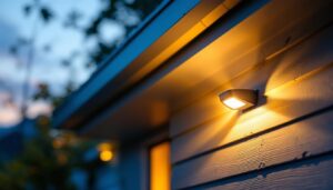 A photograph of a well-lit soffit-mounted security light installed on a home exterior
