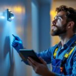 A photograph of a lighting contractor inspecting a high outlet installation in a well-lit room