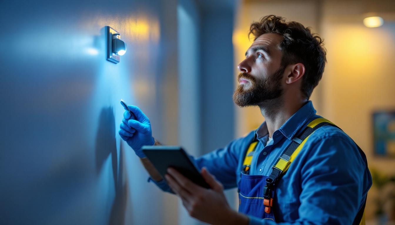 A photograph of a lighting contractor inspecting a high outlet installation in a well-lit room