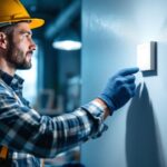 A photograph of a professional lighting contractor installing or demonstrating a commercial light switch in a well-lit