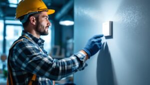 A photograph of a professional lighting contractor installing or demonstrating a commercial light switch in a well-lit