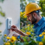 A photograph of a skilled lighting contractor installing an outdoor outlet box cover in a beautifully landscaped garden setting